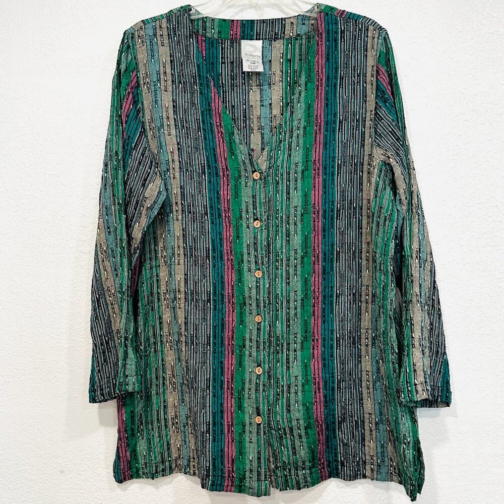Roaman's Button Front Tunic Top MultiColor Long Sleeve V-Neck EUC Womens Sz 14W